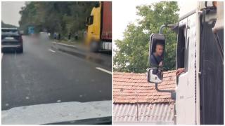 Doi tineri au sărit îmbrățișați în fața unui TIR, pe autostradă. Polițiștii nu îi pot identifica