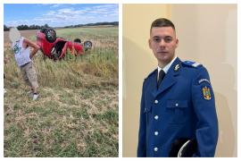 Momentul în care un jandarm aflat în timpul liber intervine pentru salvarea victimelor unui accident pe E85
