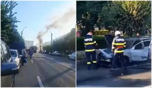 Maşină transformată în torţă pe un bulevard din Oneşti. Explozia a fost evitată în ultimul moment