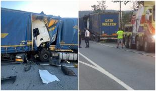 Haos pe DN6, după ce două TIR-uri s-au izbit chiar la intrare în Orşova. Traficul, blocat trei ore