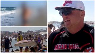 O mamă îşi încurajează băiatul să intre în mare, deşi e arborat steagul roşu: "Lasă-l, că aşa se căleşte!"