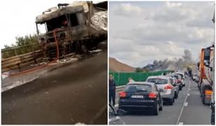 Un TIR încărcat cu granule de plastic a luat foc pe A2. Camionul a fost distrus în totalitate