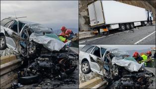 O mamă şi copilaşii săi, accident de groază cu un TIR, pe DN 6. Femeia a rămas încarcerată