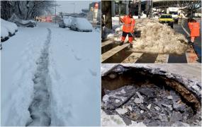 Capitala, între zăpadă, gropi și bălți după doar o noapte de ninsoare. Drumul spre muncă, cursă cu obstacole