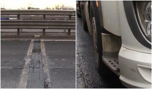 Pericol pe autostrada București-Pitești. Traversă metalică smulsă din asfalt, un TIR a fost avariat
