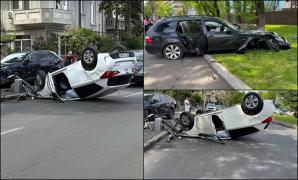 Accident cu 3 maşini în Sectorul 6. O tânără de 29 de ani a ajuns la spital, după ce maşina ei s-a răsturnat
