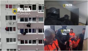 Momentul în care alpiniștii și mascaţii pătrund într-un apartament din Sectorul 6 pentru a salva o femeie