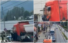 Intervenţie în forţă pe DN1. Un şofer de TIR s-a baricadat în cabină şi a lovit o maşină de poliţie