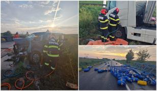 Filmul accidentului de la Săbăoani, pe E85. Maşina cu 5 pasageri, spulberată de un TIR cu 700 de butelii
