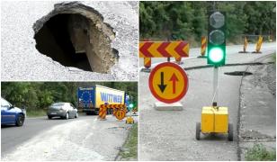 Craterul care blochează DN 56A din februarie. Şoferii, revoltaţi: "Stau și câte o oră în trafic"