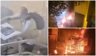 Momentul în care un piroman pune foc la intrarea unui bloc. 3 incendii provocate în mai puţin de o oră
