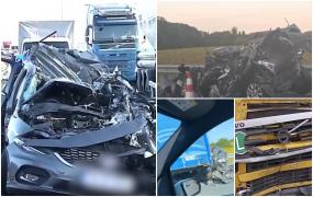 Accident înfiorător lângă București: mașină prinsă ca într-o menghină între 2 camioane. Șoferul a murit pe loc