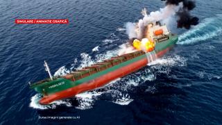 ANIMAŢIE. Navă, scufundată de dronă în apele economice româneşti. Marinarii, salvaţi în ultima clipă