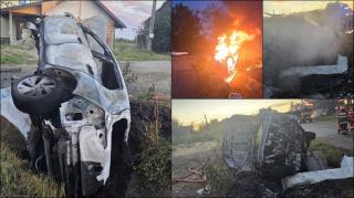 Accident urmat de incendiu în Suceava. Două persoane au fost găsite carbonizate în mașină