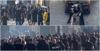 Lupte de stradă la Sibiu între suporterii Stelei și cei ai Poli Timișoara. Momentul în care jandarmii intervin