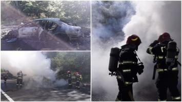 Maşină în flăcări pe o şosea din Vâlcea. Şoferul şi cei doi pasageri s-au salvat în ultima clipă