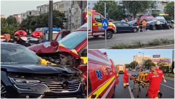 Ambulanță care se deplasa cu un copil către spital, accident de groază cu alte 3 mașini, în Constanța. Trei persoane au fost grav rănite