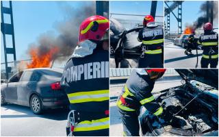 Maşină în flăcări pe Podul Prieteniei, spre Ruse. Şoferul şi trei pasageri au reuşit să iasă la timp, după ce au văzut fum gros ieşind de sub capotă
