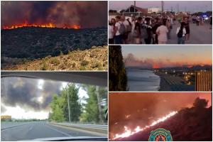 Imagini apocaliptice filmate în Grecia. Flăcările au pârjolit vegetaţia în apropierea staţiunilor, zeci de mii de turişti evacuaţi