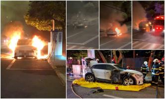 Un Audi electric, lăsat la încărcat, a luat foc şi a explodat pe un bulevard din Satu Mare. Priza ar fi fost defectă