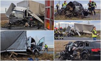 Tânăr de 19 ani, mort într-un Audi zdrobit de camion la Drăgănești Vlașca, în Teleorman. Imagini de groază pe E70