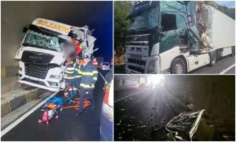 Imagini dramatice după un accident cu două TIR-uri în tunelul Bahna din Mehedinţi. Unul dintre şoferi, rămas încarcerat în cabina strivită