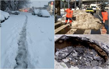 Capitala, între zăpadă, gropi și bălți după doar o noapte de ninsoare. Drumul spre muncă, cursă cu obstacole