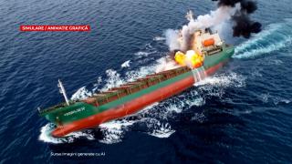 ANIMAŢIE. Navă, scufundată de dronă &icirc;n apele economice rom&acirc;neşti. Marinarii, salvaţi &icirc;n ultima clipă