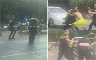 EXCLUSIV. Noi imagini cu intervenţia comică a celor 5 poliţişti cu bărbatul &icirc;n şort, filmate de un şofer