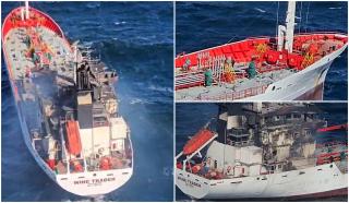 Momentul &icirc;n care marinarii sunt salvați de autoritățile rom&acirc;ne de pe nava &icirc;n flăcări, &icirc;n apropiere de Sulina
