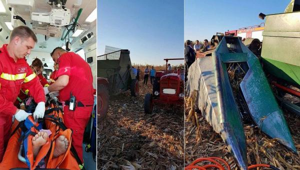 Imagini incredibile la Suceava. Un muncitor și-a prins picioarele în mașina de cules porumbul. Așa l-a găsit SMURD-ul, pe jumătate înghițit de monstrul metalic