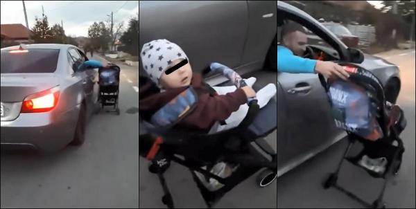 Un bebeluş este plimbat în cărucior pe lângă maşină, în Gorj! Grozăvia este filmată chiar de mama copilului