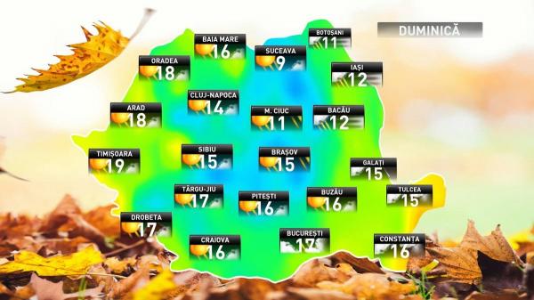 Prognoza meteo pentru ziua de duminică, 11 noiembrie 2018