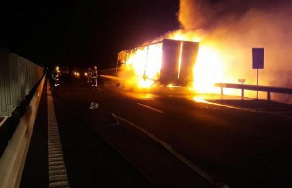 TIR în flăcări pe autostrada A1, la Orțișoara. Șoferul s-a salvat în ultima clipă (video)