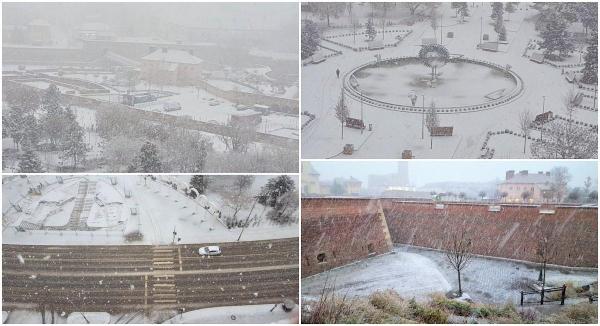 Ninge ca-n povești, cu fulgi mari de nea, la Alba Iulia. Zăpada a acoperit orașul, într-un peisaj de basm, spre bucuria copiilor (Video)