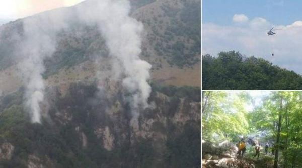 Incendiu în Parcul Naţional Domogled. Echipele de intervenţie nu pot lichida focul, din cauza vântului puternic