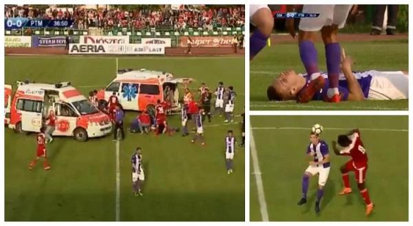 Imagini teribile pe terenul de fotbal, în Covasna! Doi jucători au leşinat, după ce s-au lovit cap în cap. Unul dintre ei, aproape să-şi înghită limba