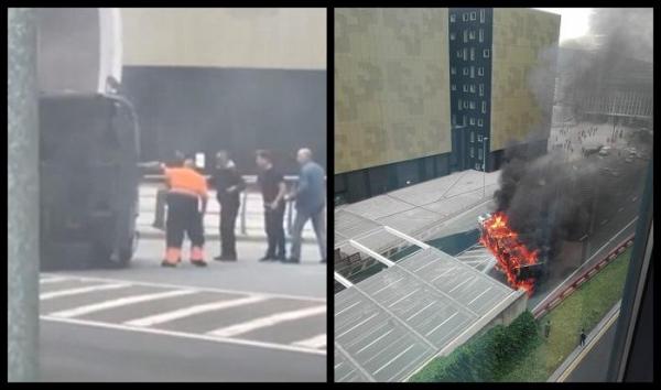 Un şofer a rămas blocat în cabina camionului care s-a răsturnat şi a luat foc. Imagini teribile cu operaţiunea de salvare