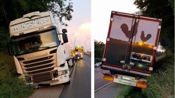 Abia ieşit din parcare după odihna obligatorie, un şofer a proptit camionul în şanţ. Când a coborât din cabină, îi sticleau ochii şi nu prea vorbea