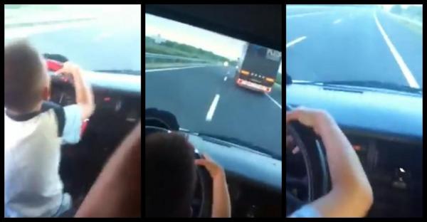 Un copil de nici 7 ani stă singur la volan, pe scaunul din stânga şi conduce nebuneşte maşina pe autostradă, lângă Sibiu