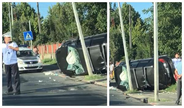 Accident grav în Bucureşti, o şoferiţă s-a răsturnat cu maşina pe trotuar. Pieton în stare gravă, cu piciorul secţionat (Video)