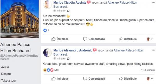 "Nu mai cazați asasini amatori!!". Românii cu simţul umorului au luat cu asalt pagina de Facebook a hotelului Athenee Palace Hilton