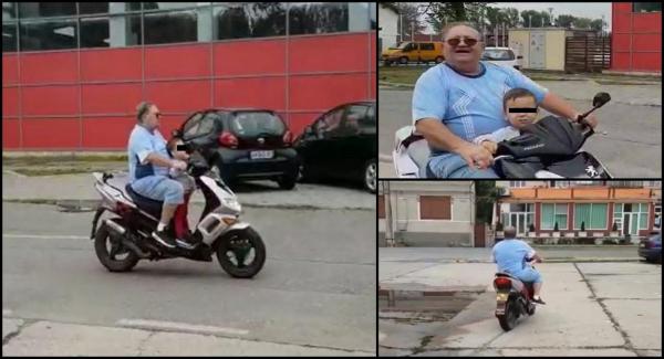 Un bunic din Timiş îşi pune nepotul în pericol, urcându-l pe scuter, în picioare