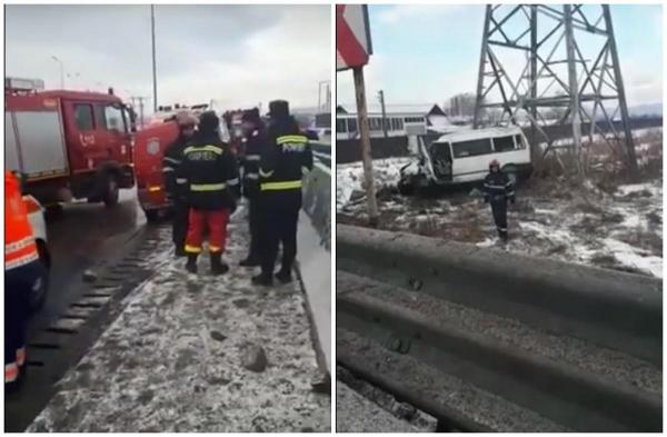 Accident cu 7 victime la Bascov! Un microbuz cu 9 oameni a derapat și s-a oprit într-un stâlp de electricitate (Video)