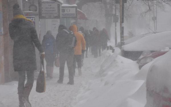 Ninge pe o stradă din Bucureşti, în timp de iarnă