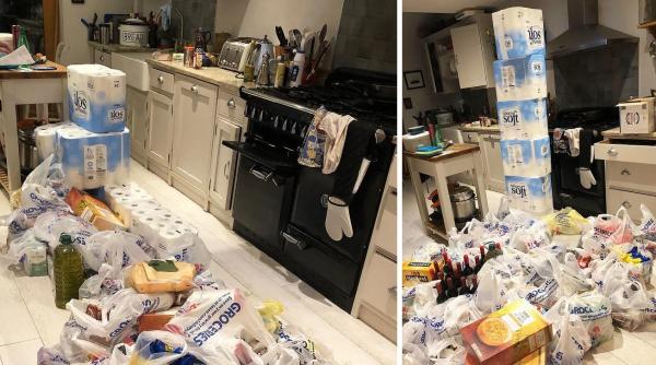 Sacoşile cu mâncare şi sulurile de hârtie igienică luate de bărbat