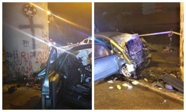 Impact înfiorător la Bistriţa, şofer mort, strivit de stâlpul pasarelei, în acelaşi loc în care a murit Andrei Pintican (Video)