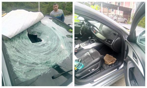 O bucată de stâncă s-a prăbuşit peste o maşină în care se afla o familie, în Defileul Jiului