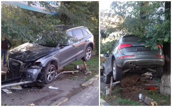 Un șofer cu Audi s-a urcat cu bolidul pe semafor, într-o intersecție din Gura Humorului