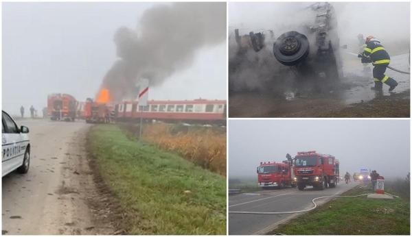 TIR spulberat de tren în Timiș, cabina șoferului a luat foc după impact